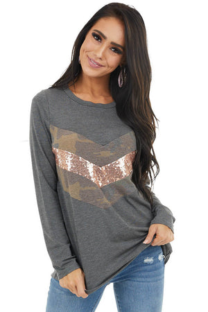Charcoal Long Sleeve Top with Sequin and Camo Details 