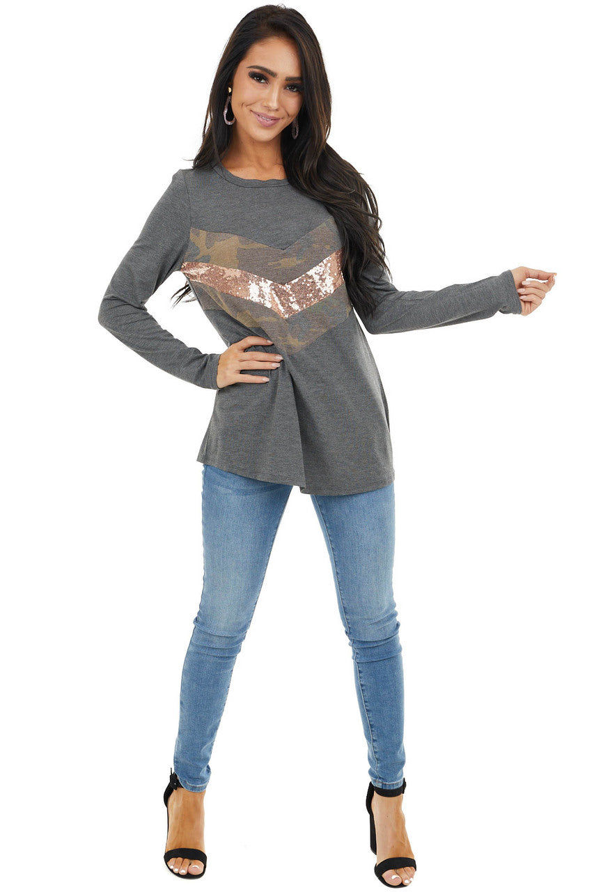 Charcoal Long Sleeve Top with Sequin and Camo Details 