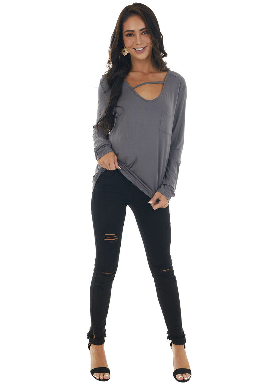 Charcoal Long Sleeve V Neck Cut Out Knit Top 