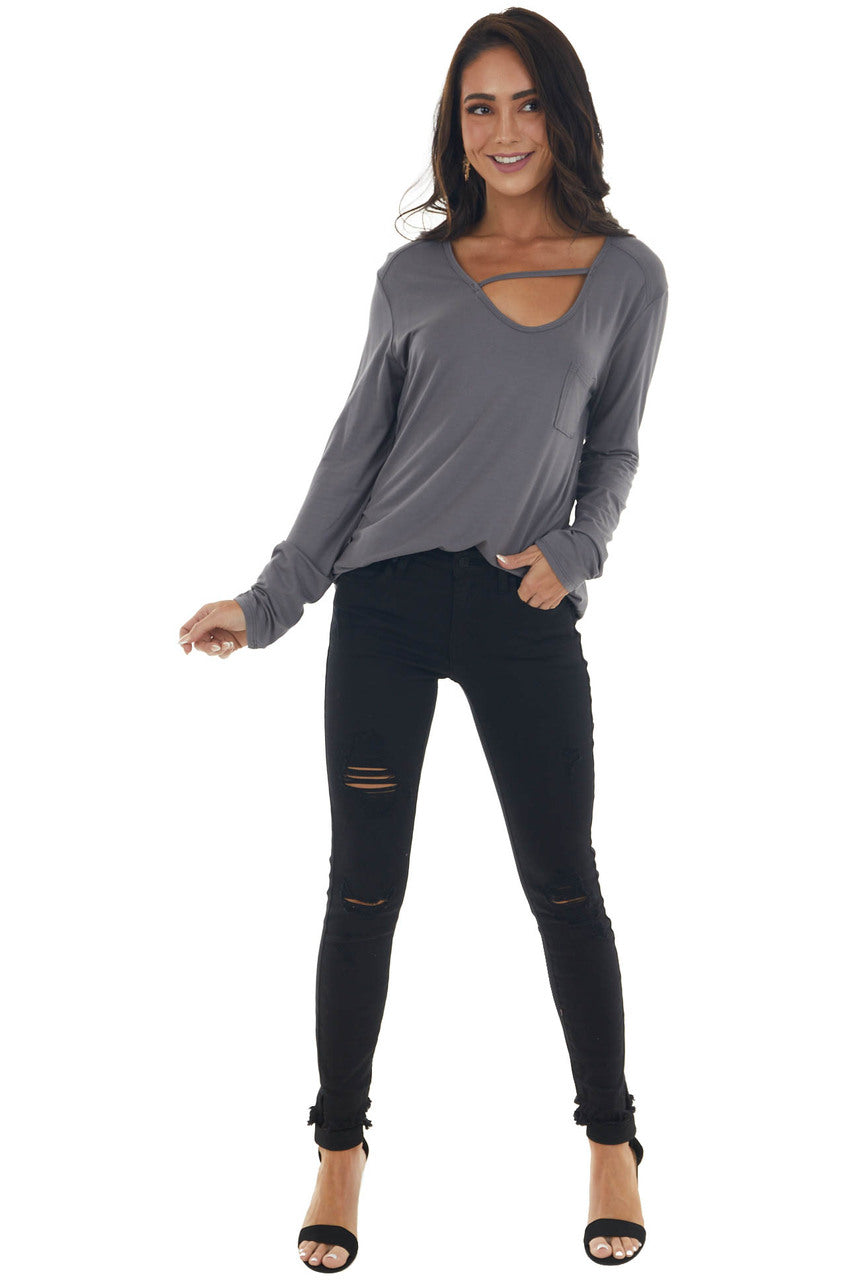 Charcoal Long Sleeve V Neck Cut Out Knit Top 