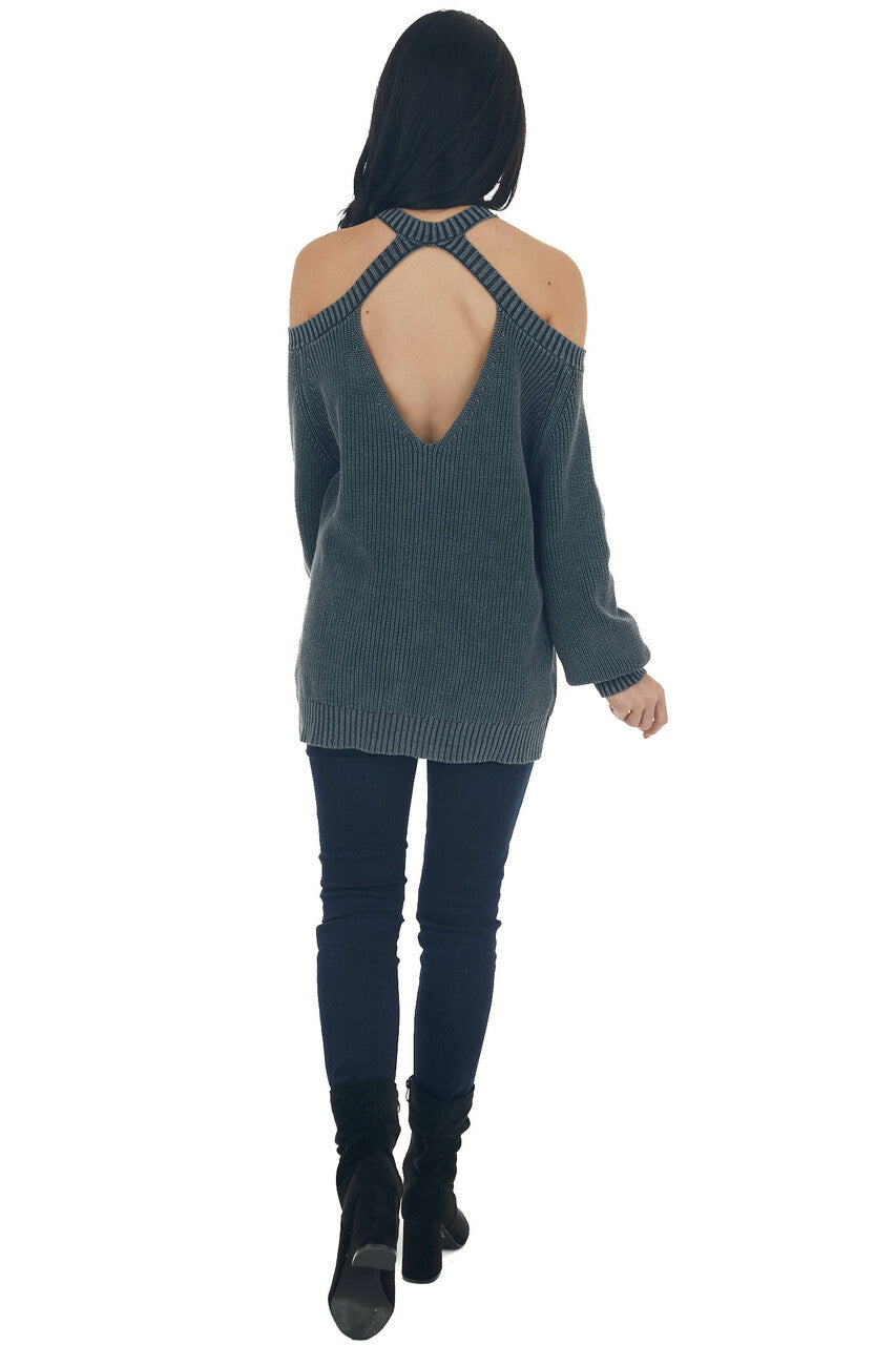 Charcoal Mineral Washed Cold Shoulder Sweater 