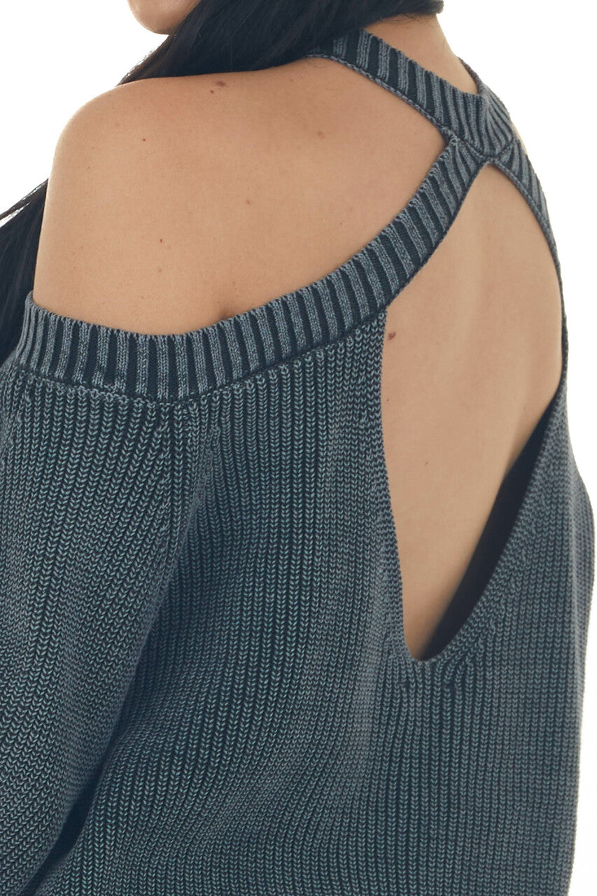 Charcoal Mineral Washed Cold Shoulder Sweater 