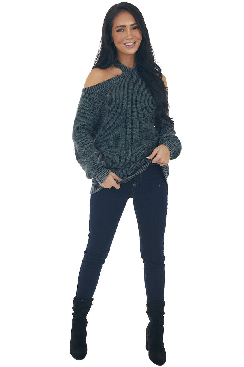 Charcoal Mineral Washed Cold Shoulder Sweater 