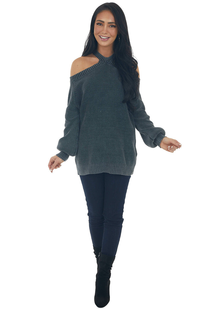 Charcoal Mineral Washed Cold Shoulder Sweater 