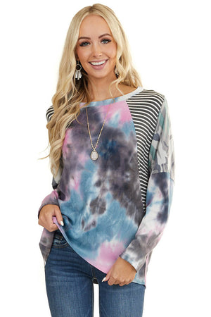 Charcoal Multicolor Tie Dye Top with Multiprint Contrast