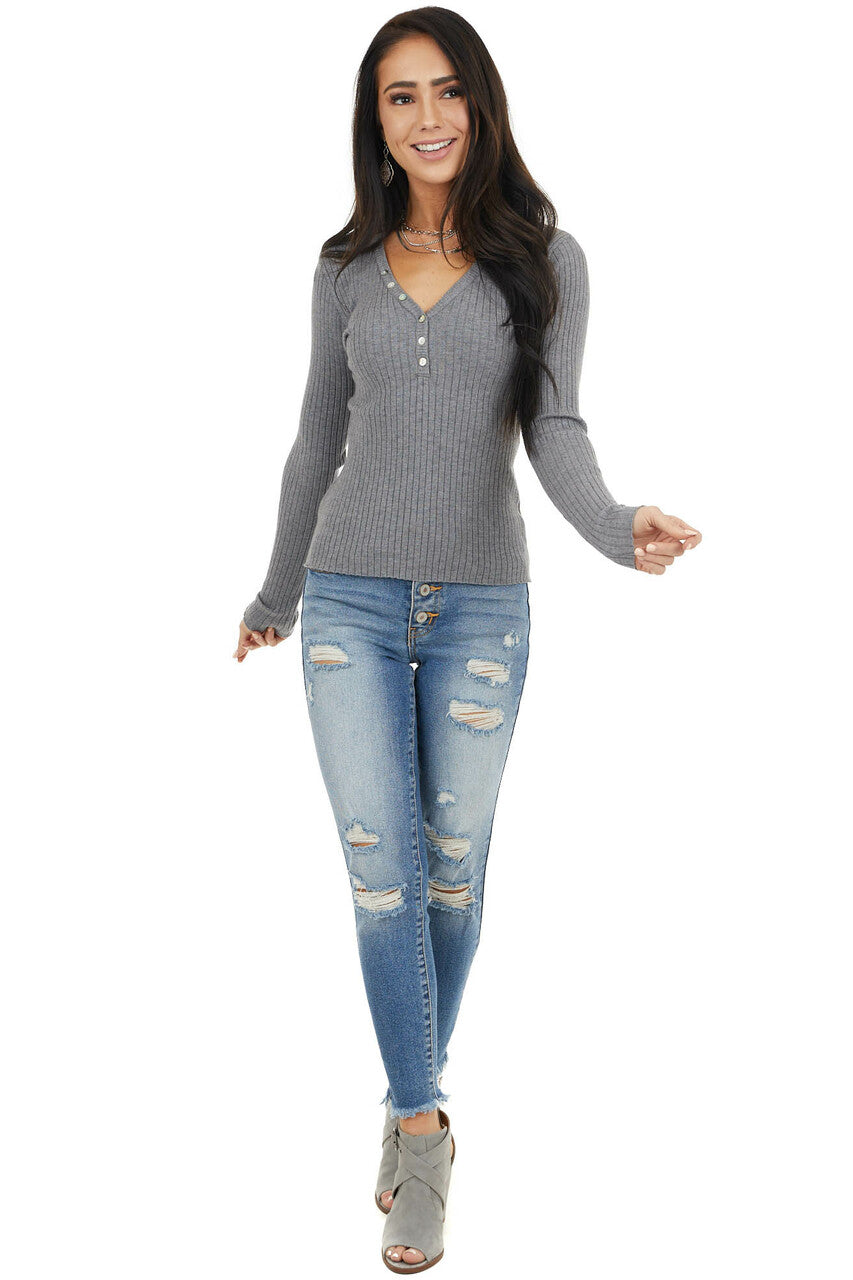 Charcoal Rib Knit Henley Long Sleeve V Neck Top