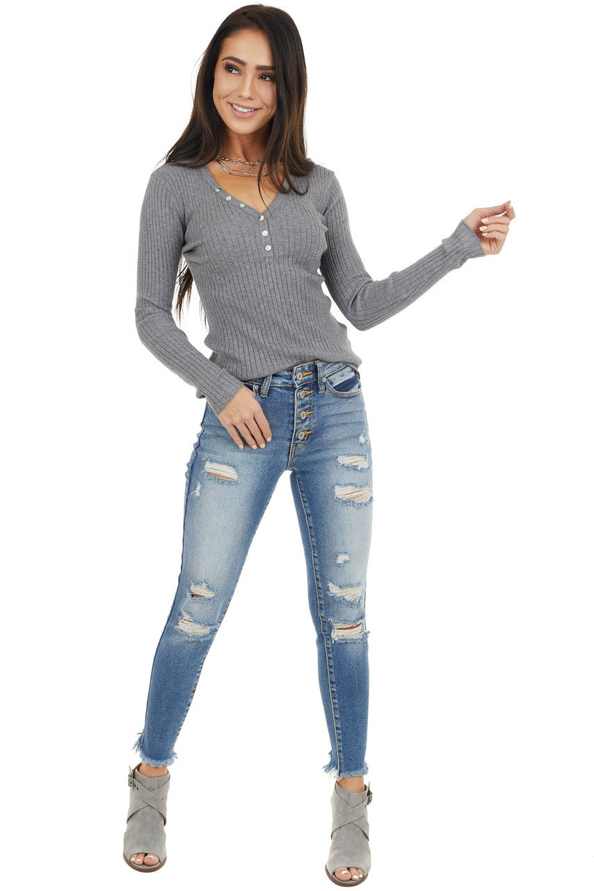 Charcoal Rib Knit Henley Long Sleeve V Neck Top