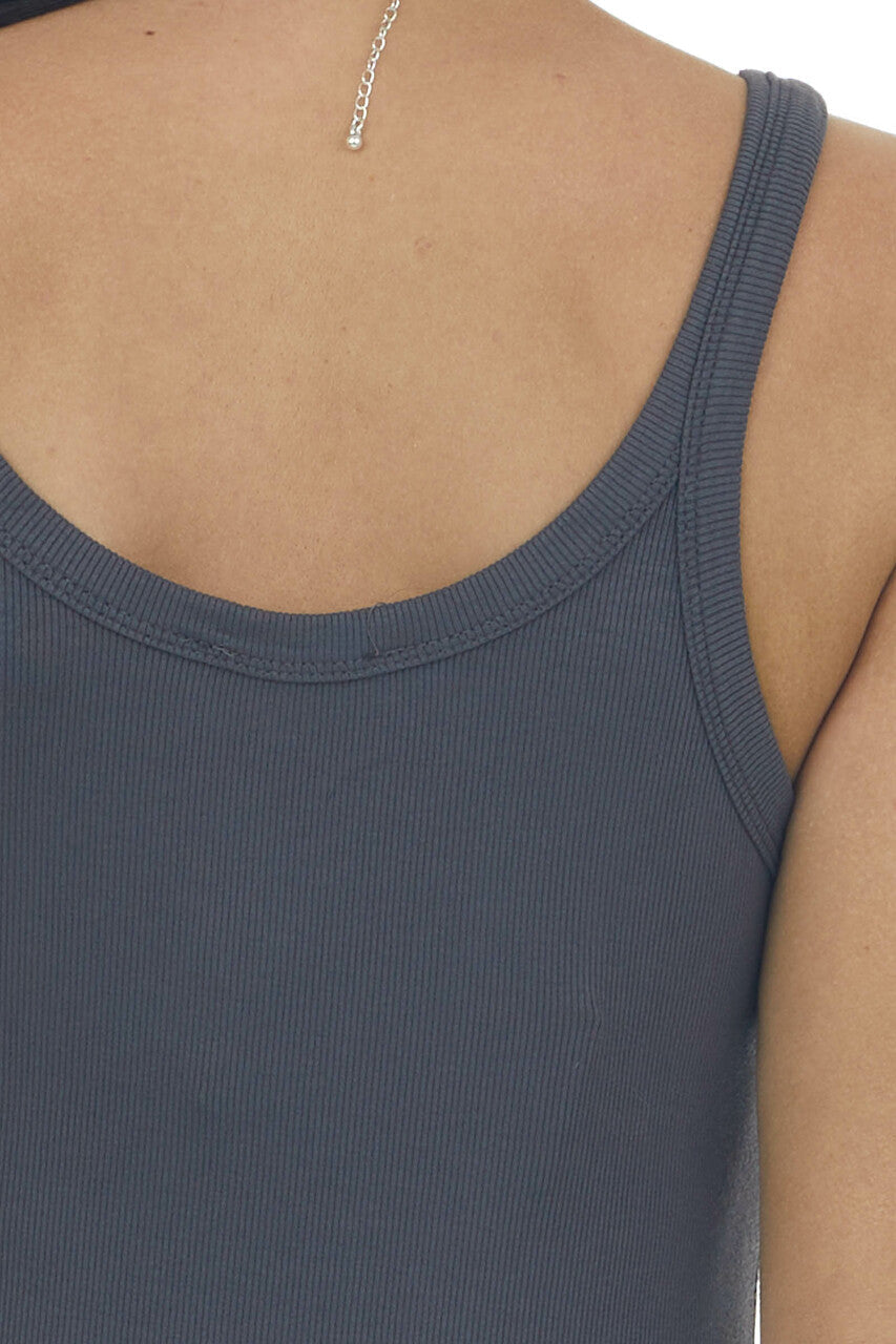 Charcoal Ribbed Knit Scoop Neck Tank Top