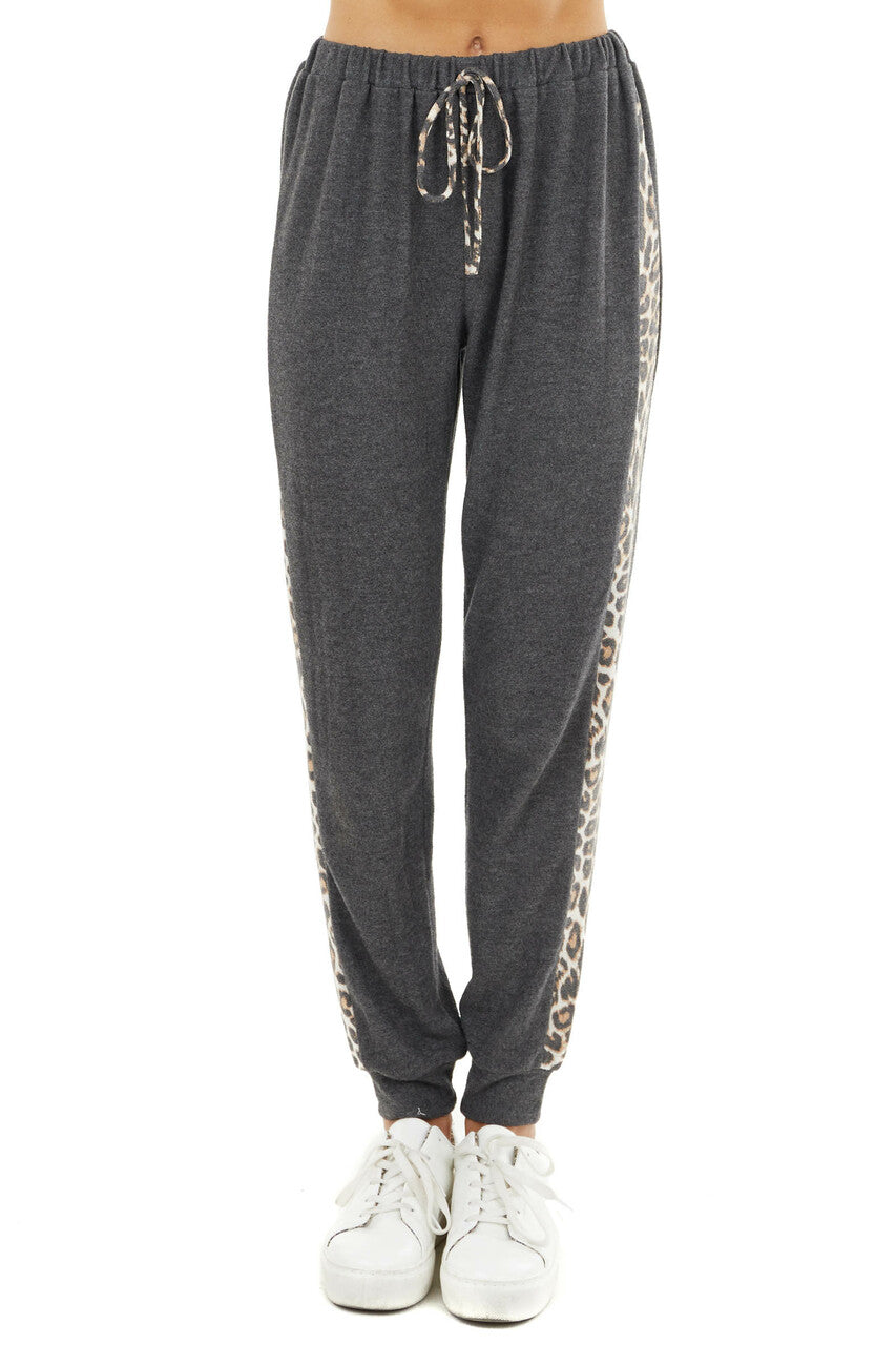 Charcoal Soft Knit Joggers with Leopard Print Side Contrast