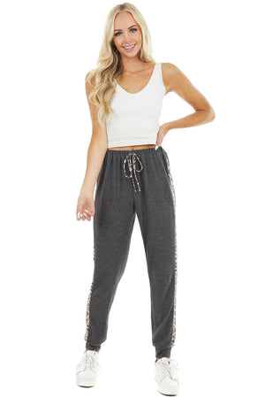 Charcoal Soft Knit Joggers with Leopard Print Side Contrast