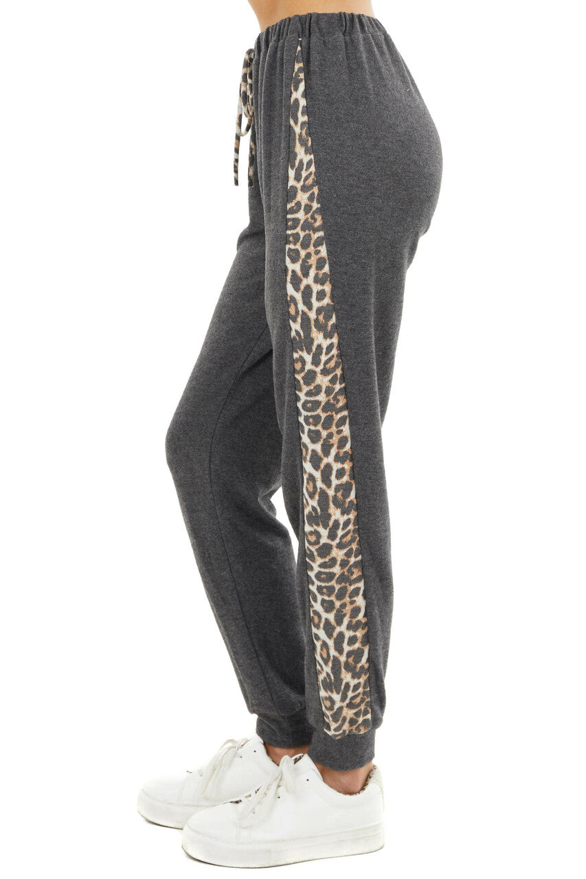 Charcoal Soft Knit Joggers with Leopard Print Side Contrast