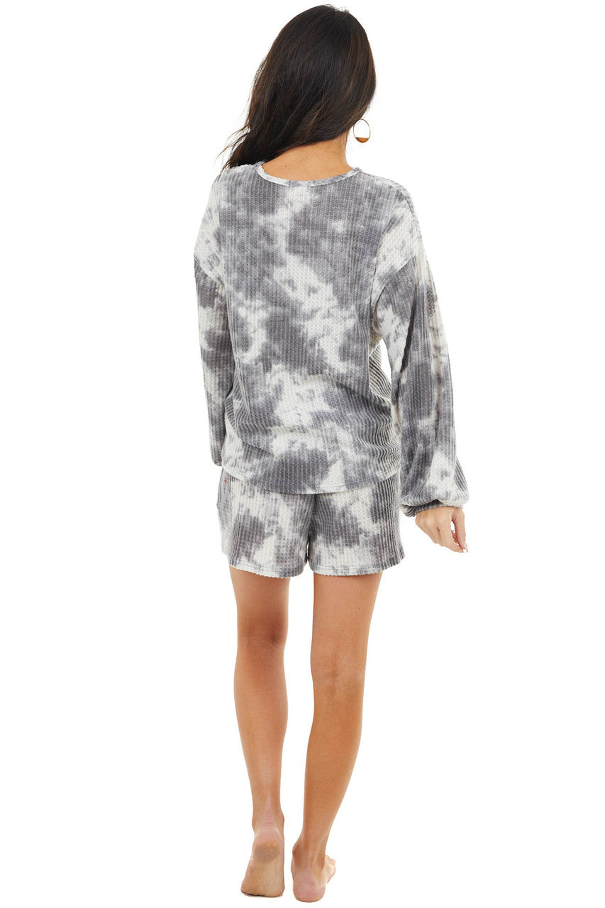 Charcoal Tie Dye Print Waffle Knit Long Sleeve V Neck Top 