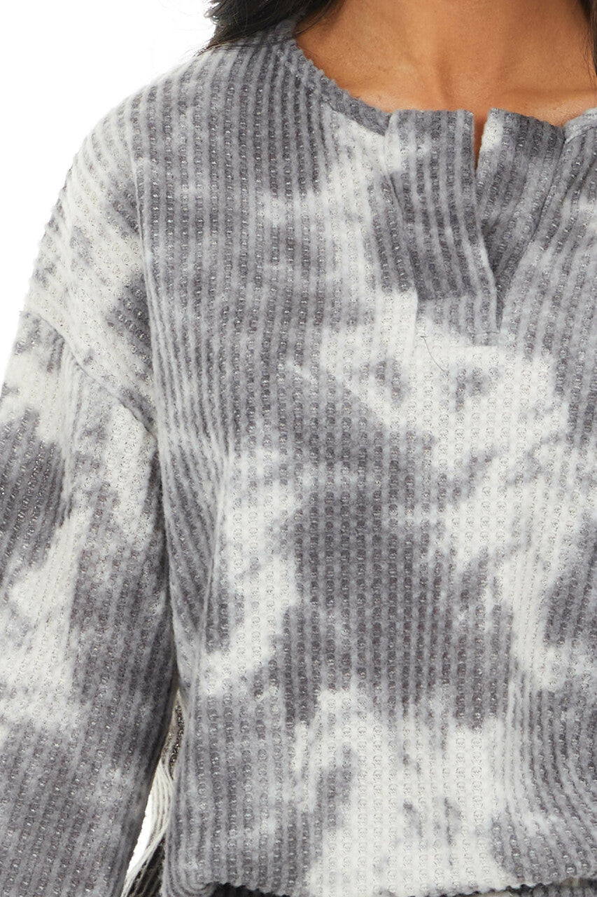 Charcoal Tie Dye Print Waffle Knit Long Sleeve V Neck Top 