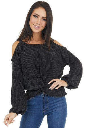 Charcoal Two Tone Long Sleeve Knit Top with Cold Shoulders