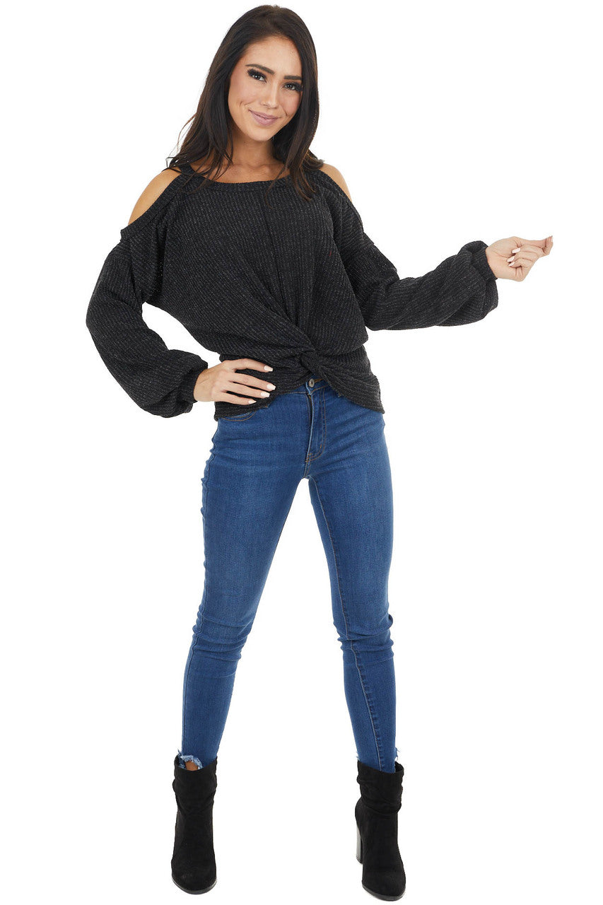 Charcoal Two Tone Long Sleeve Knit Top with Cold Shoulders