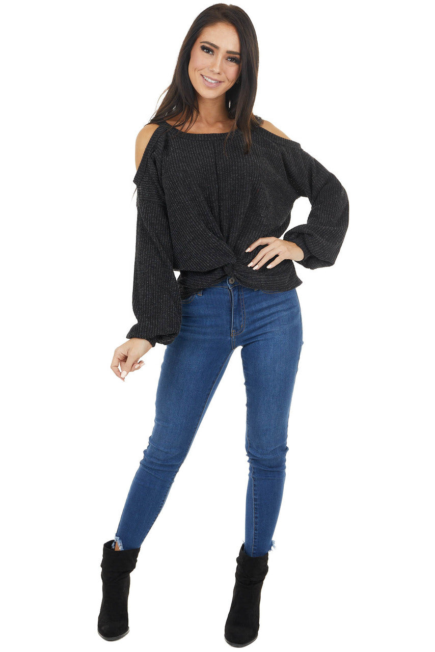 Charcoal Two Tone Long Sleeve Knit Top with Cold Shoulders