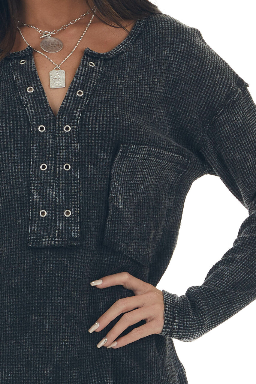 Charcoal Washed Thermal Knit Chest Pocket Top