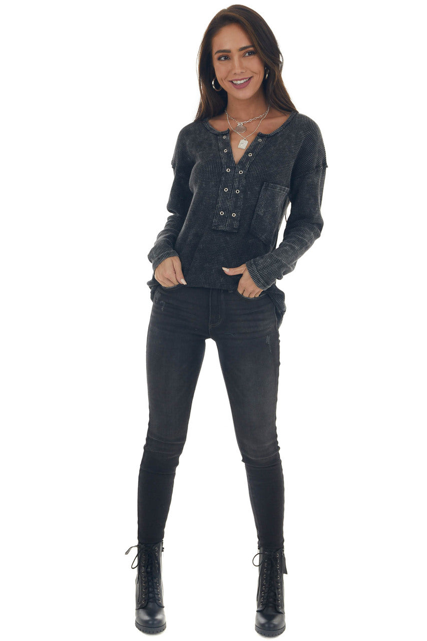 Charcoal Washed Thermal Knit Chest Pocket Top