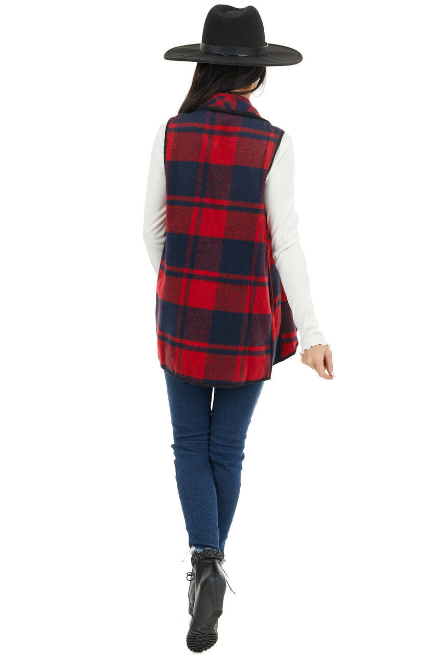 Cherry and Black Open Front Plaid Print Vest with Lapel