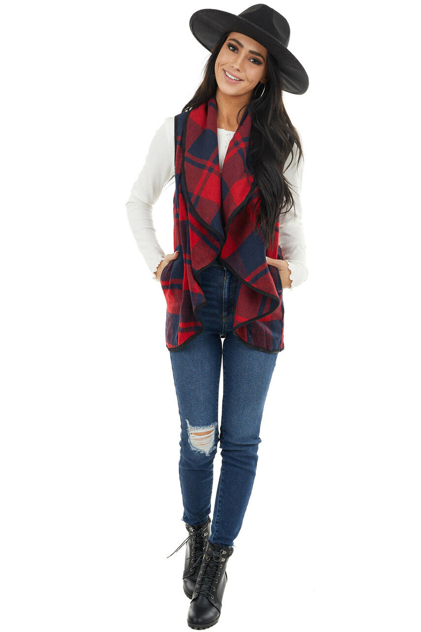 Cherry and Black Open Front Plaid Print Vest with Lapel