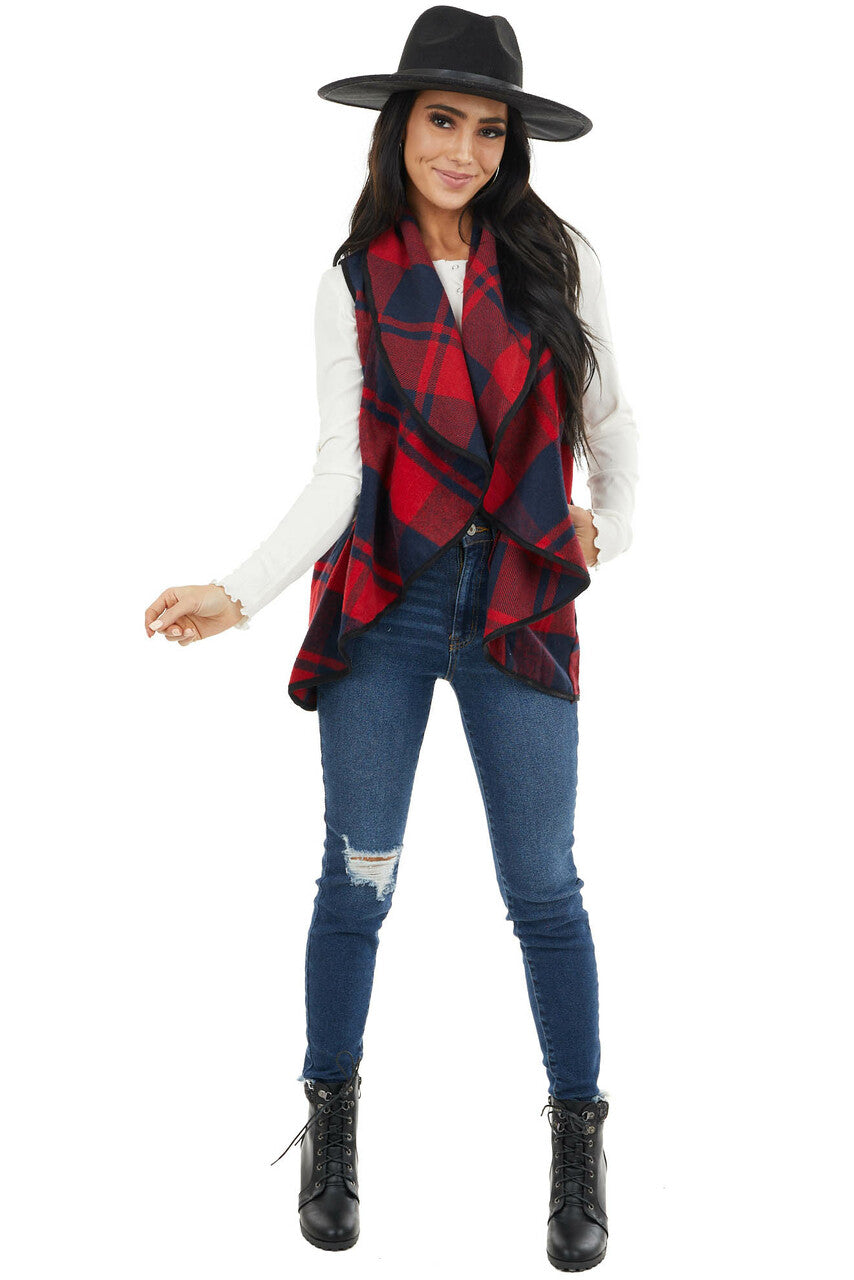 Cherry and Black Open Front Plaid Print Vest with Lapel
