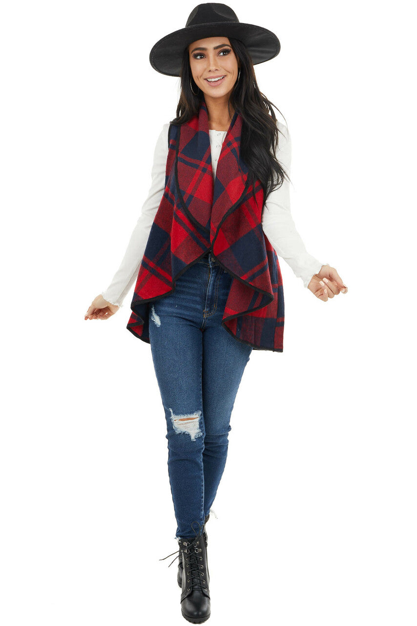 Cherry and Black Open Front Plaid Print Vest with Lapel
