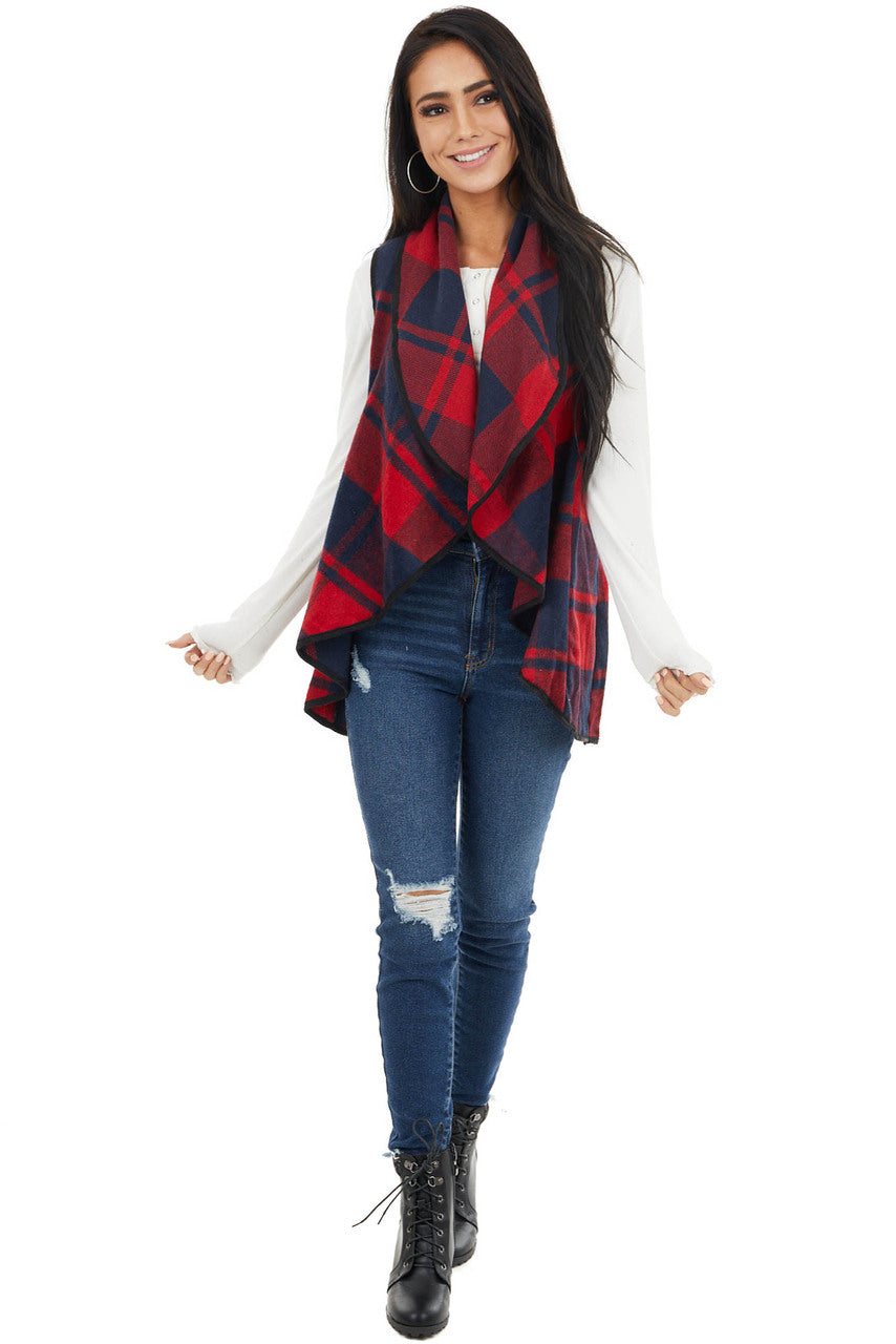 Cherry and Black Open Front Plaid Print Vest with Lapel