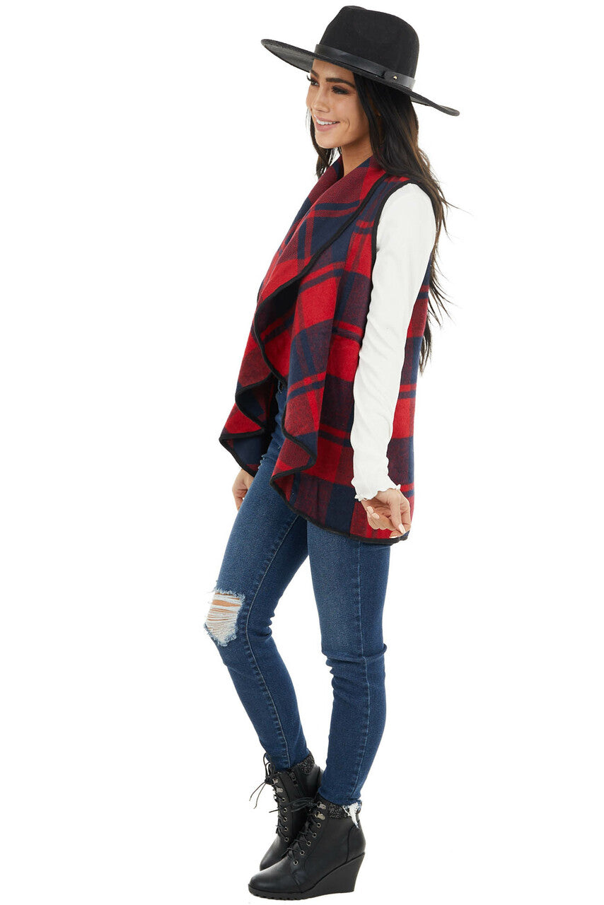 Cherry and Black Open Front Plaid Print Vest with Lapel