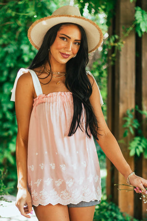 Cherry Blossom Floral Embroidered Tie Strap Top