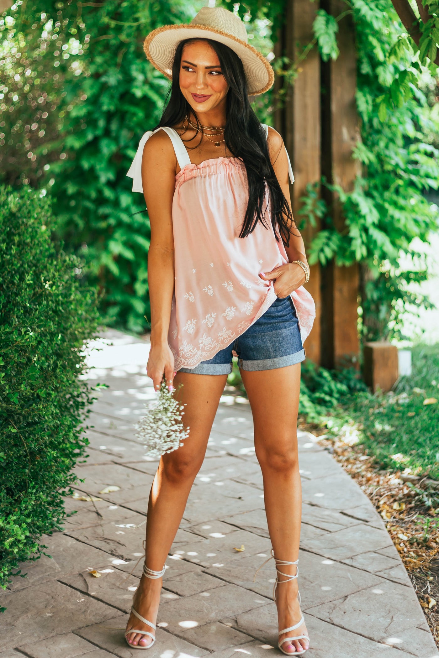 Cherry Blossom Floral Embroidered Tie Strap Top