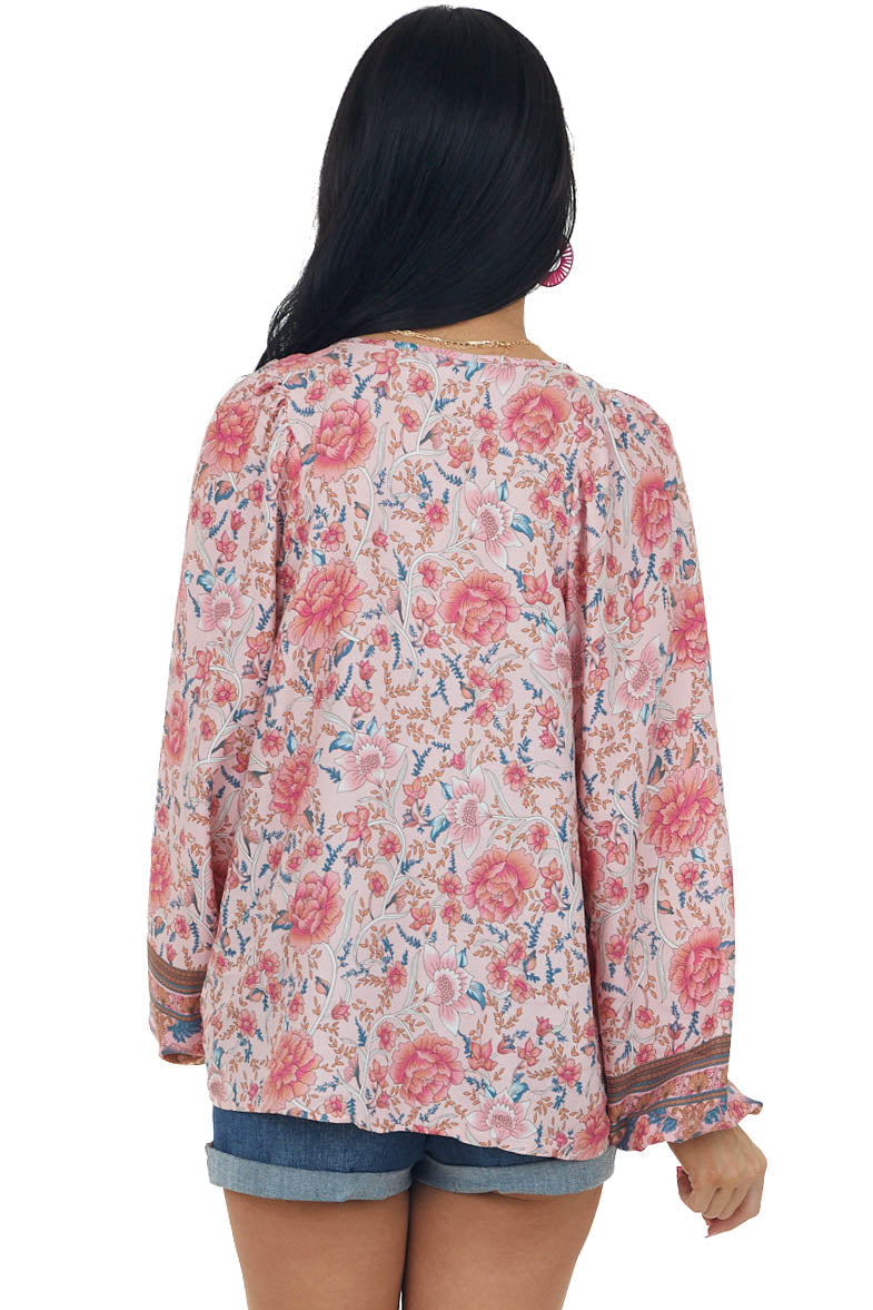 Cherry Blossom Floral Print Split Neck Blouse