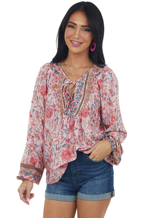 Cherry Blossom Floral Print Split Neck Blouse