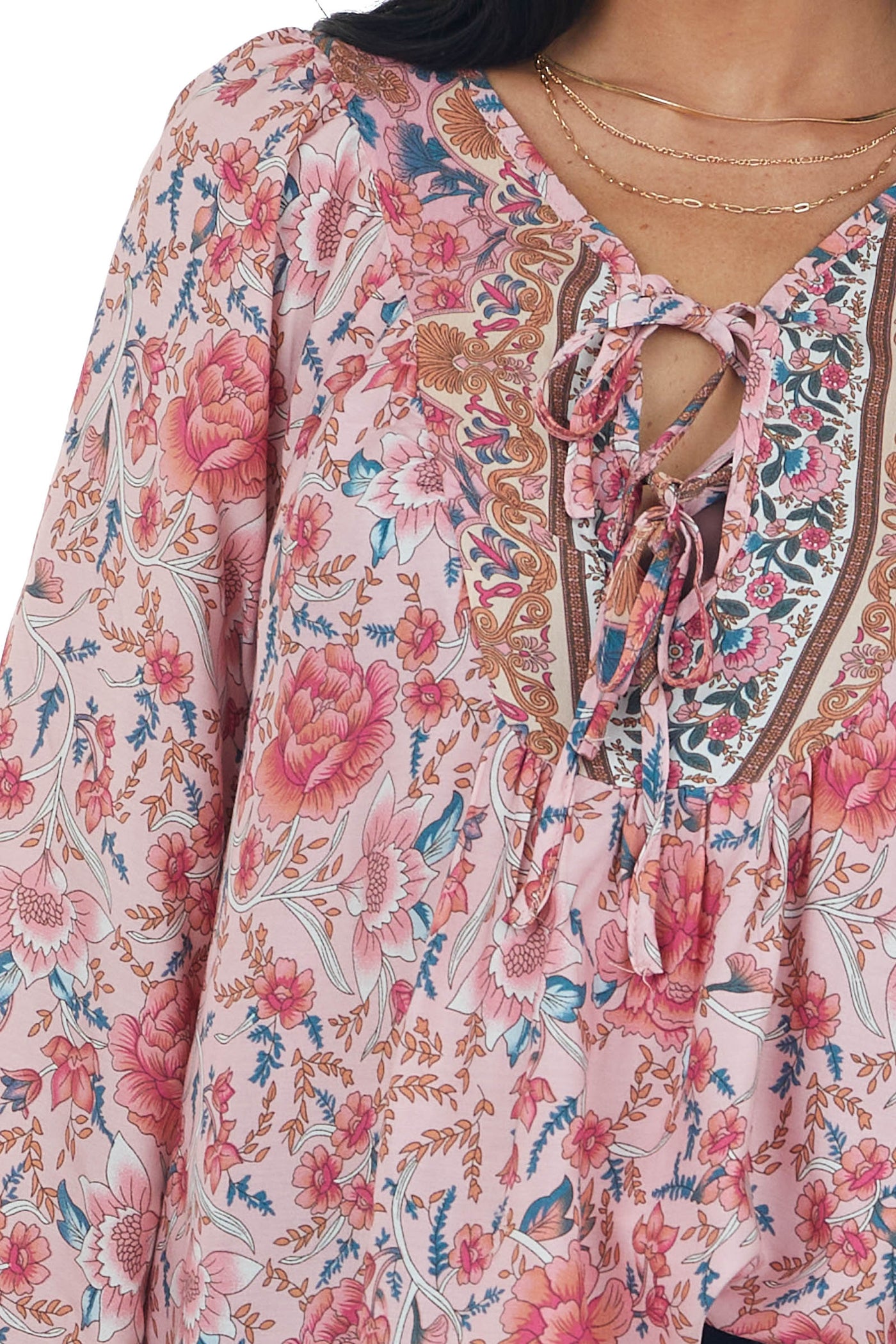 Cherry Blossom Floral Print Split Neck Blouse