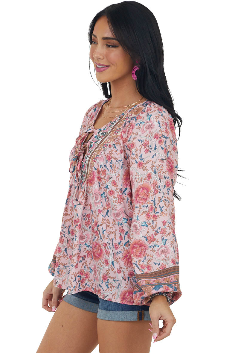 Cherry Blossom Floral Print Split Neck Blouse