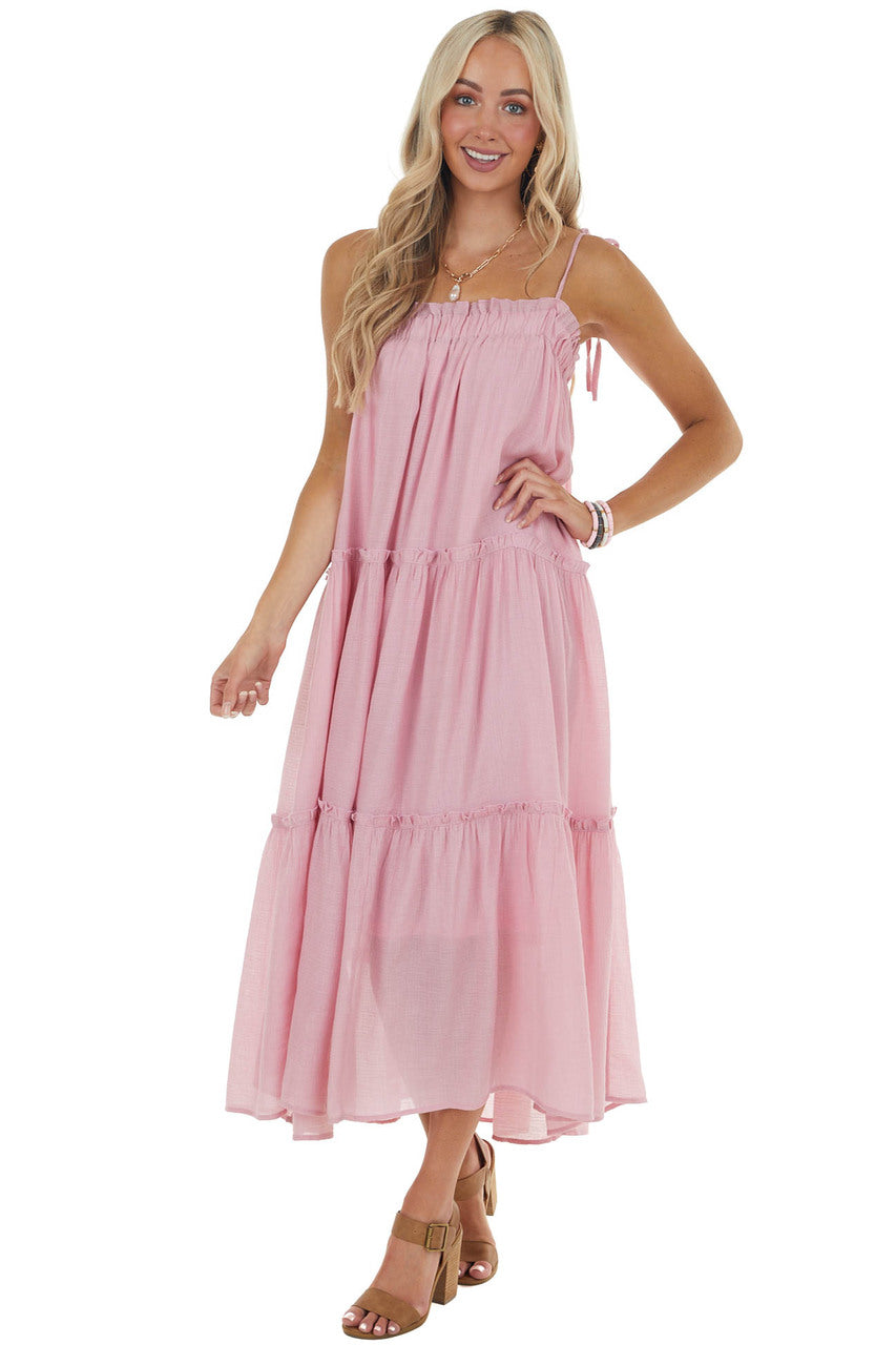 Cherry Blossom Sleeveless Midi Dress with Tiered Details