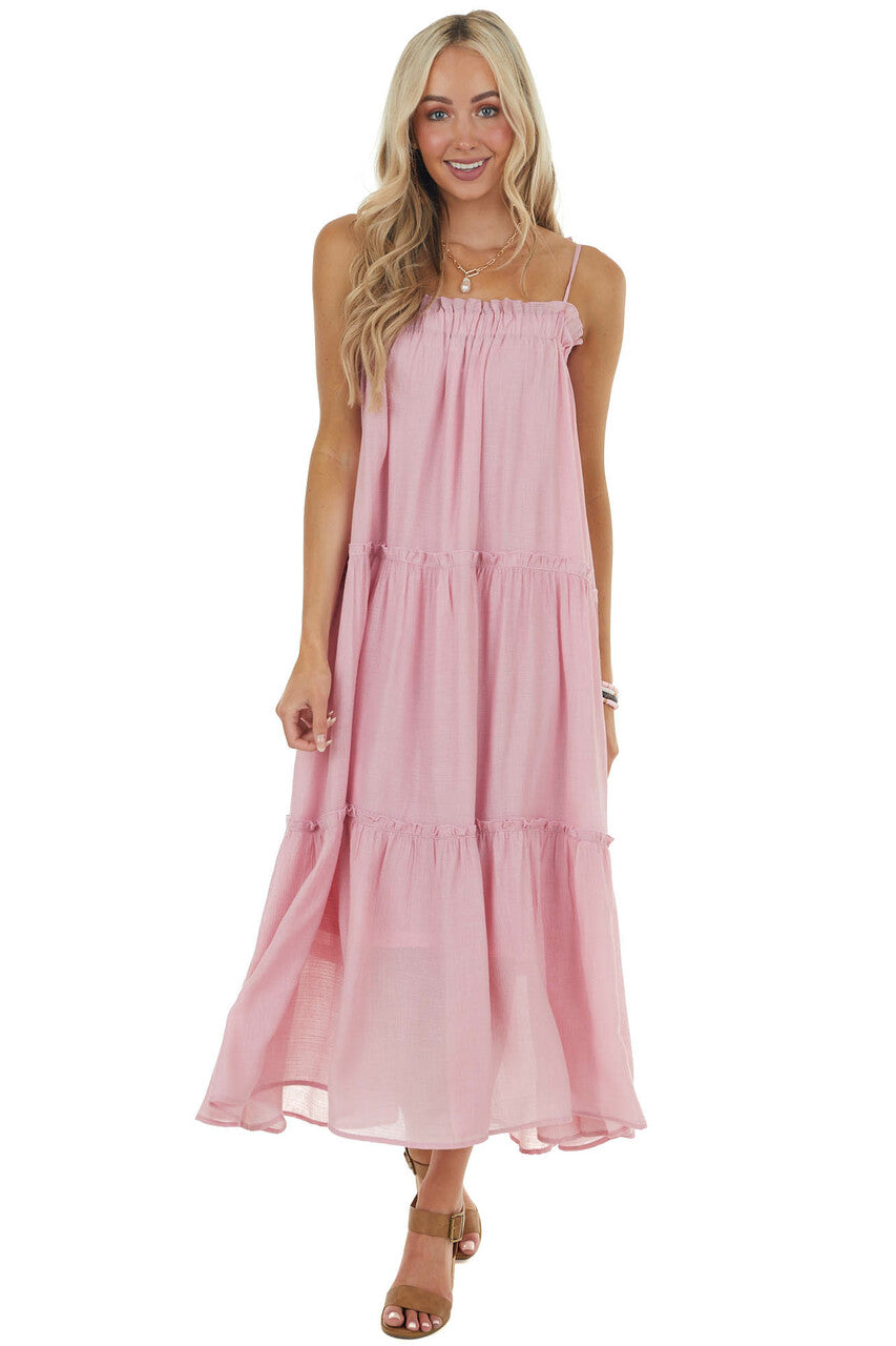 Cherry Blossom Sleeveless Midi Dress with Tiered Details