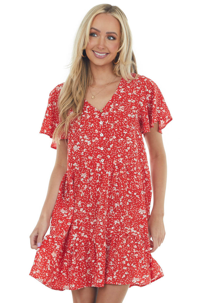 Cherry Floral Button Up Babydoll Ruffle Dress