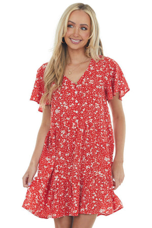 Cherry Floral Button Up Babydoll Ruffle Dress