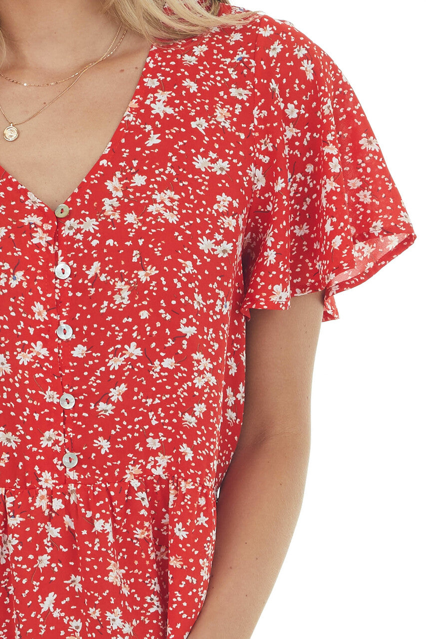 Cherry Floral Button Up Babydoll Ruffle Dress