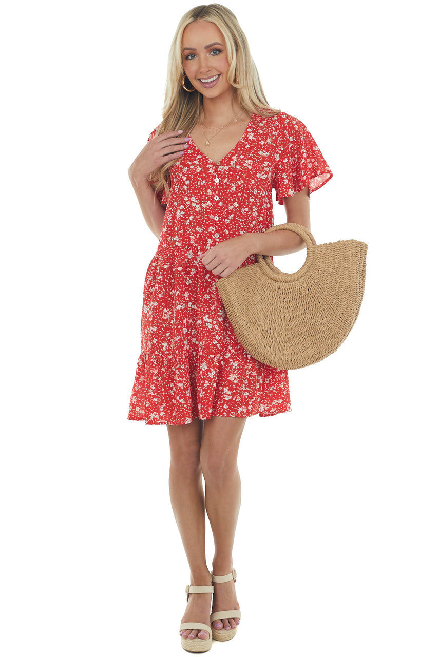 Cherry Floral Button Up Babydoll Ruffle Dress