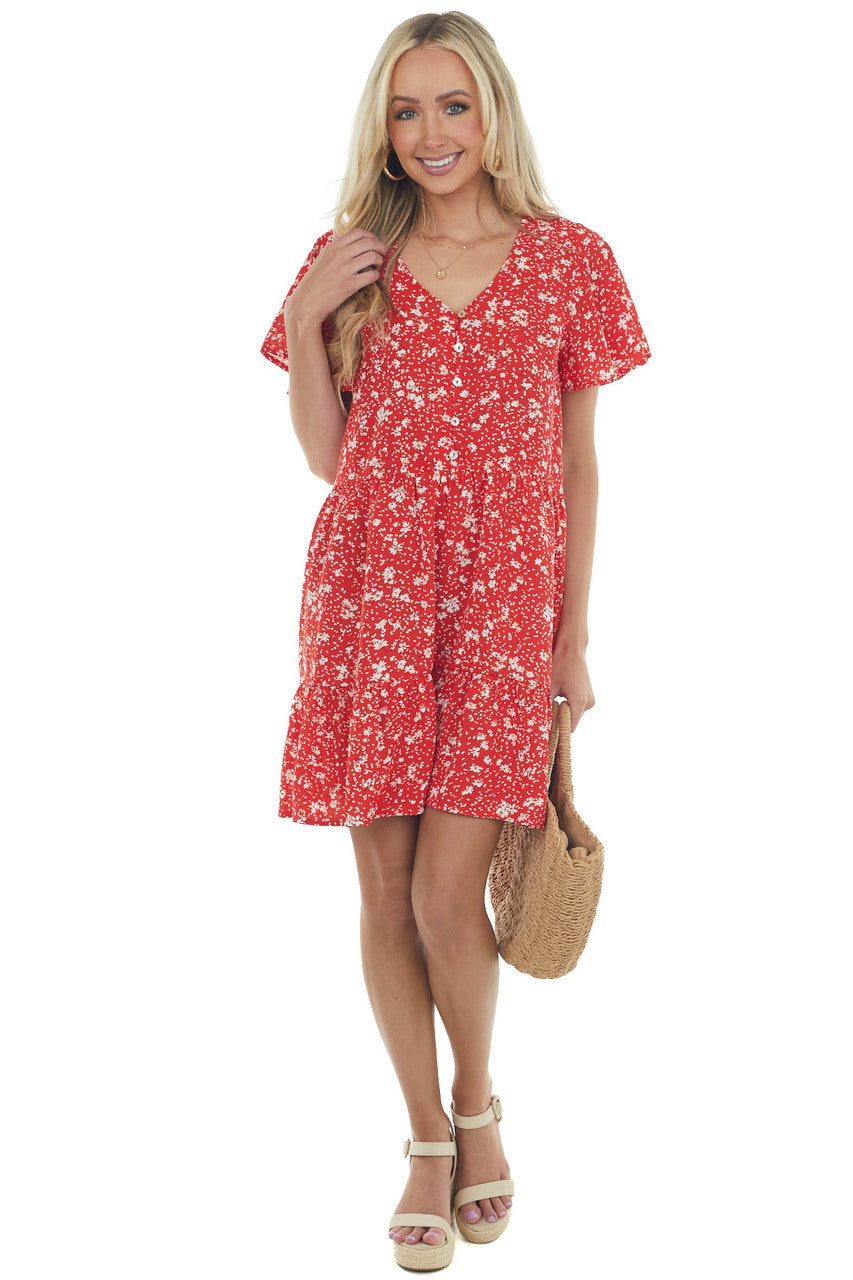 Cherry Floral Button Up Babydoll Ruffle Dress