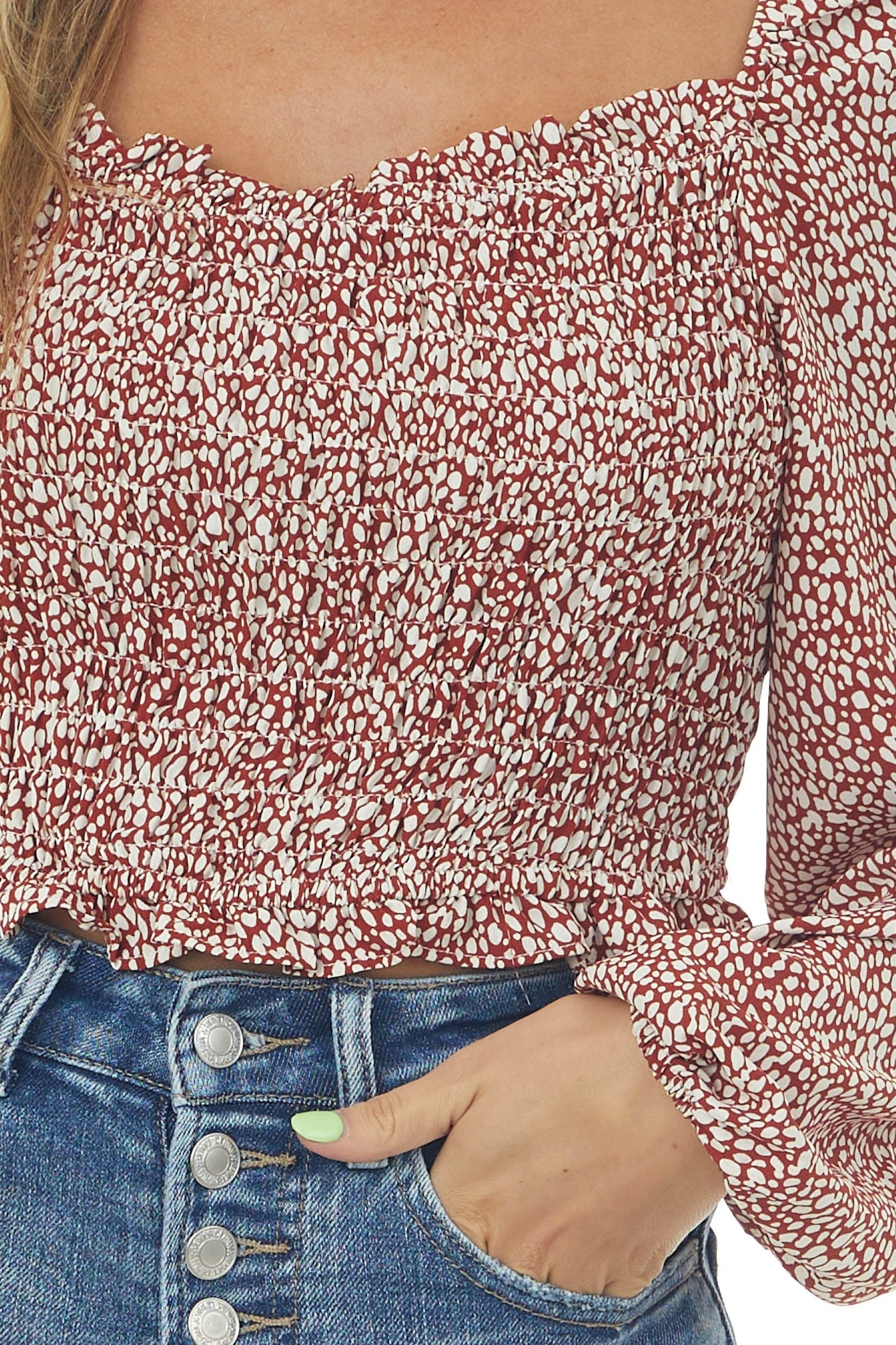 Cherry Printed Puff Sleeve Smocked Blouse