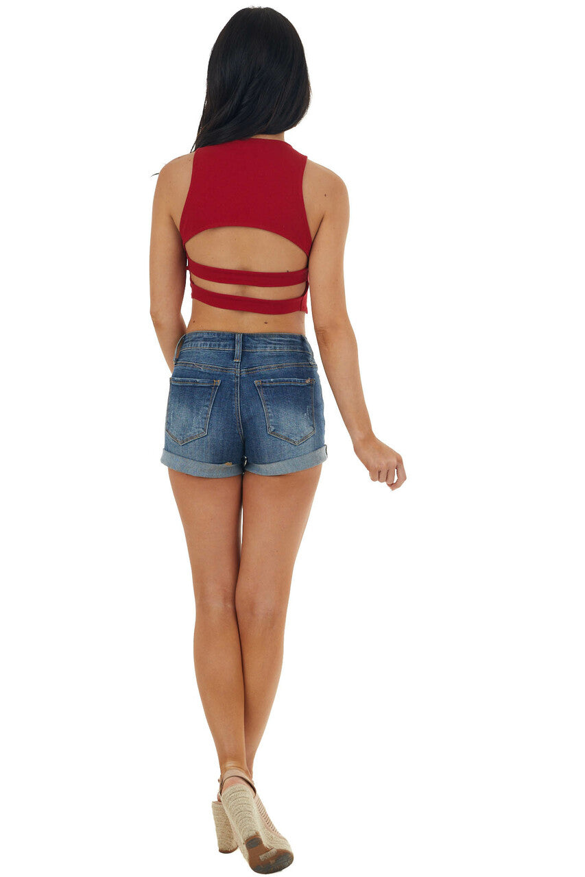 Cherry Sleeveless Strappy Open Back Crop Top 