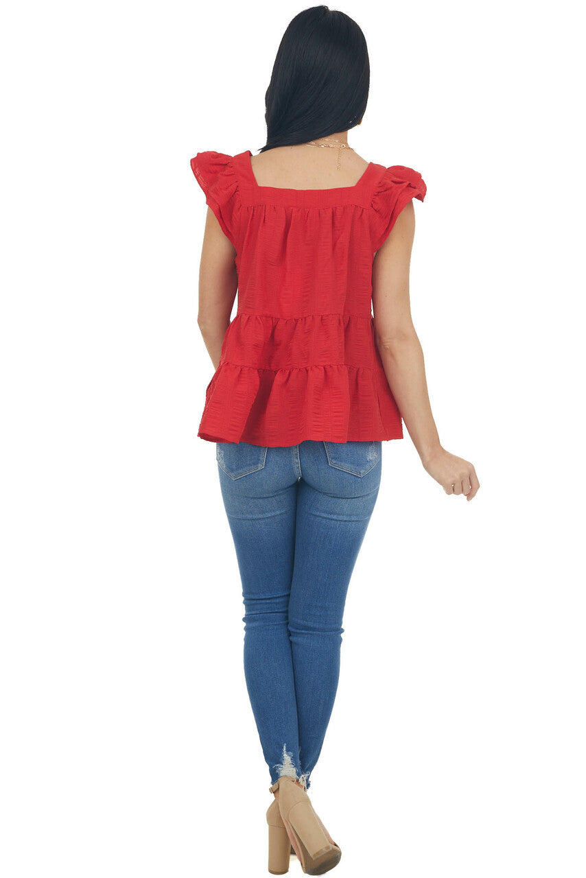 Cherry Square Neck Ruffle Tiered Blouse