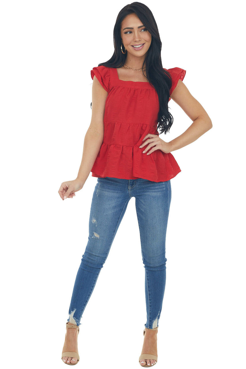 Cherry Square Neck Ruffle Tiered Blouse