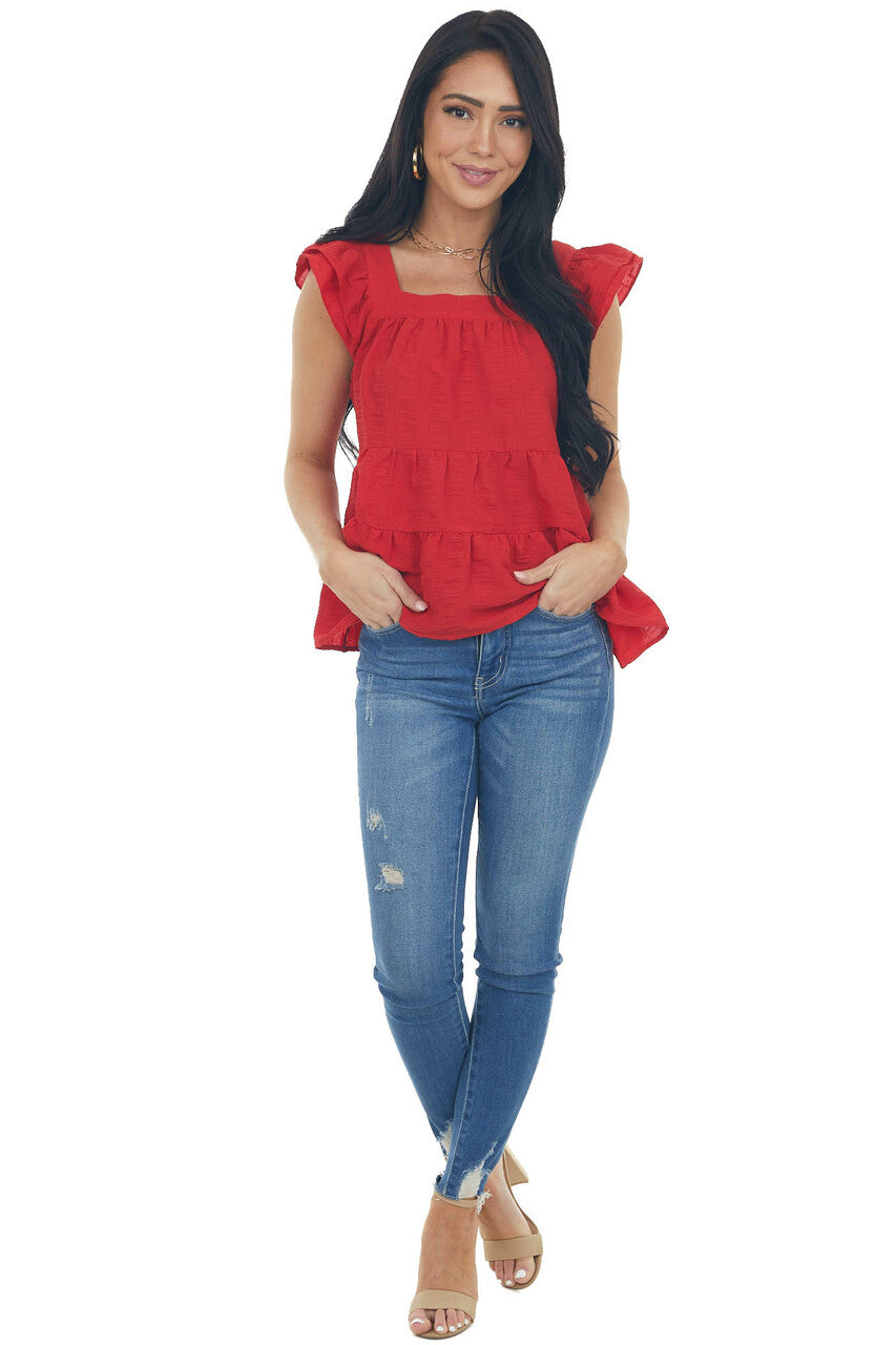 Cherry Square Neck Ruffle Tiered Blouse