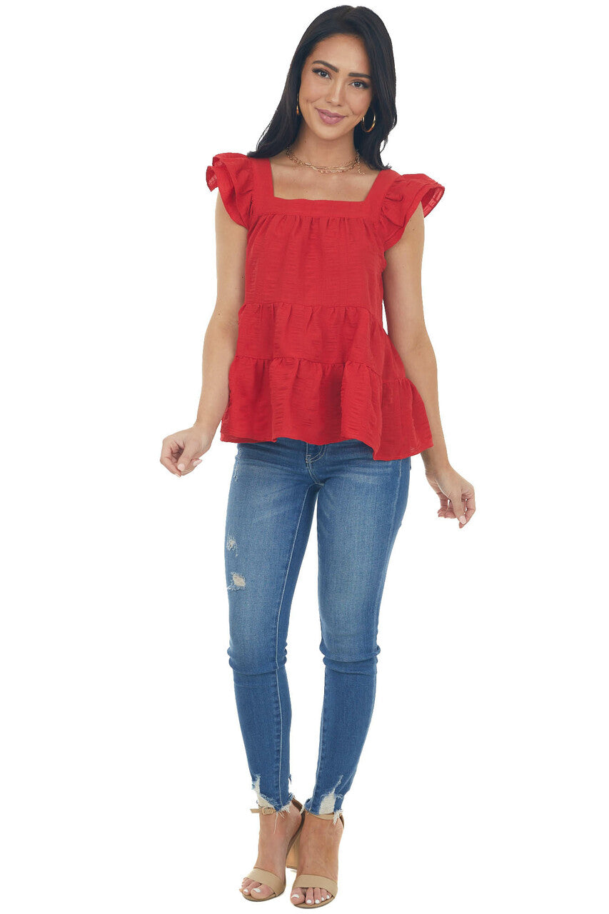 Cherry Square Neck Ruffle Tiered Blouse
