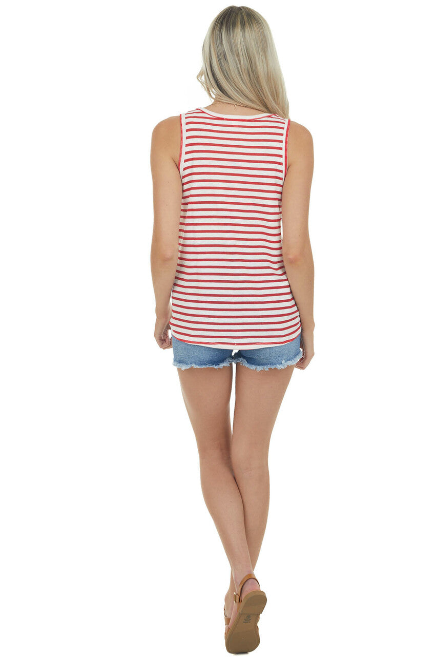 Cherry Striped Front Knot Scoop Neck Tank Top