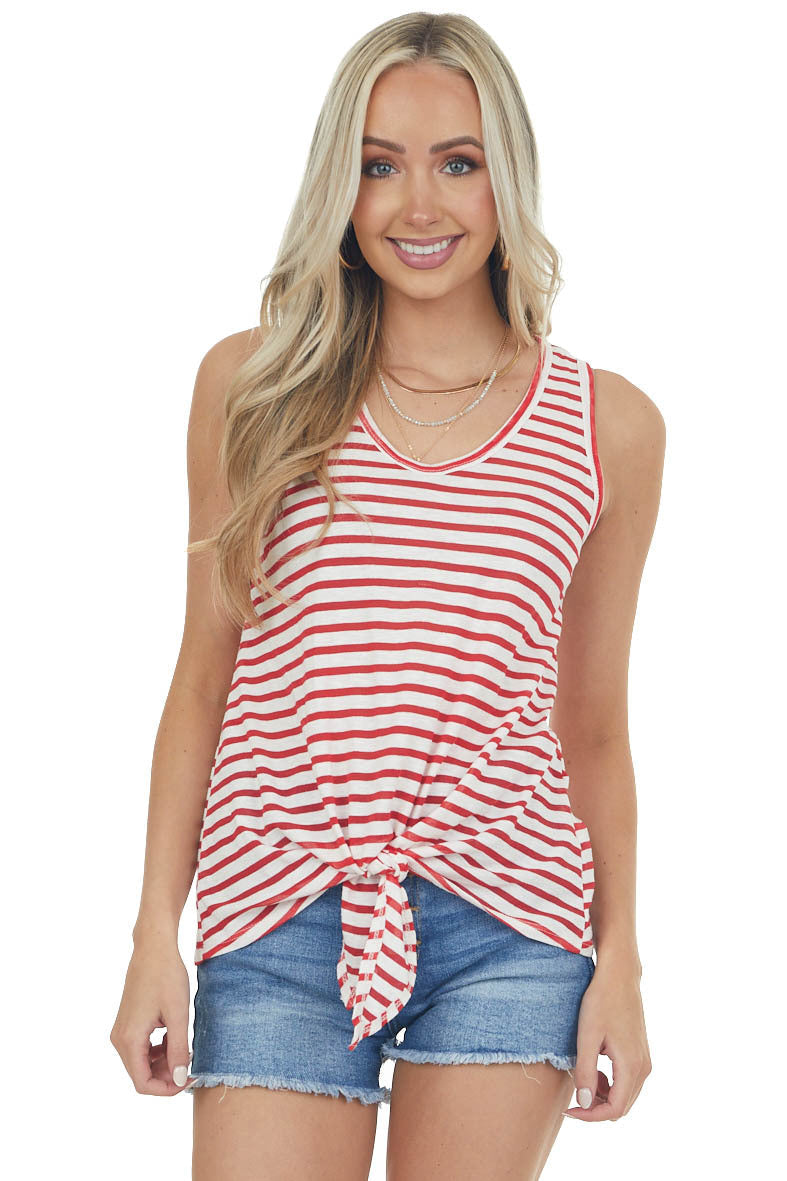Cherry Striped Front Knot Scoop Neck Tank Top