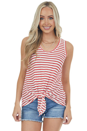 Cherry Striped Front Knot Scoop Neck Tank Top